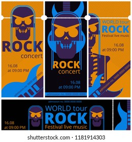 Rock music live festival tickets illustration templates. Entry admission ticket design for rock band concert world tour of rocker skeleton skull with electric guitar - Powered by Shutterstock