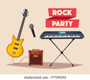 Rock music poster. Old school party. Cartoon illustration. Vintage style. For print and web. Live festival. For concert promotion in clubs, bars, pubs and public places. - Powered by Shutterstock