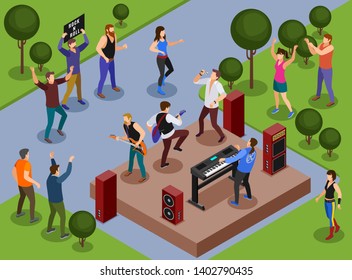 Rock musicians Rock Concert in the park illustration isometric icons on isolated background - Powered by Shutterstock