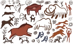 Rock Paintings Primitive In Caves On The Walls Ancient World Hunting Scenes Signs And Symbols Illustration Hand Drawn Sketch Doodle Big Set Separately On White Background