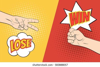 Rock paper scissors hand game  Pop art style illustration