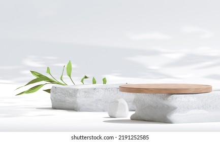 Rock Podium With Rounded Wood For Product Presentation. Natural Beauty Pedestal, 3d Illustration	