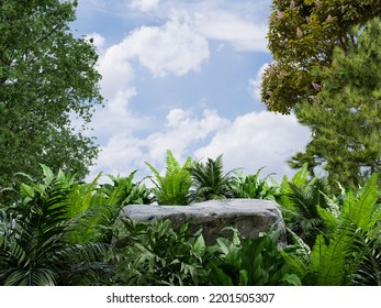 Rock podium in tropical forest for product presentation Behind is a view of the sky.3d rendering