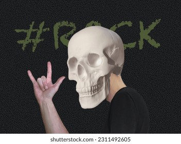 rock sign. Rocker's hand. Rock concert poster template. Banner with hand. dark background. Show with hands. Two fingers up. Elements for creating a collage. trendy cutouts. man with skull head - Powered by Shutterstock