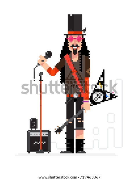 Rock star in pixel technique isolated on white\
background. Musician with a guitar and a microphone sings.\
Illustration of a musician with a hat and tattoos. Character rock\
singer for layout\
design.\
