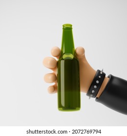 Rocker cartoon hand holding beer bottle isolated over white background. 3D rendering.