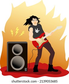 Rocker frontmant plays guitar close sound boxes