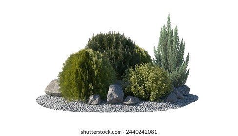 Rockery garden an area within a garden that has plants growing between piles of stones frontal isolated on a white background perfectly cutout