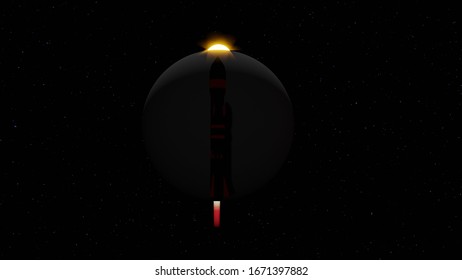 A rocket ascends to the peak of its orbit that shows the rising sun on the horizon of a faraway planet.