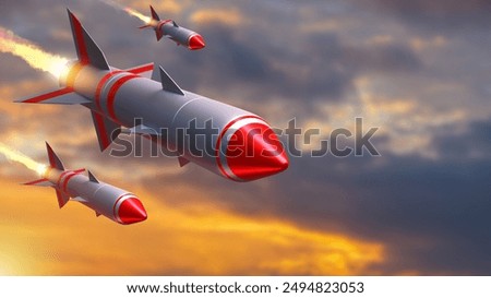 Rocket attack. Air warheads attack target. Military missiles on background sky. Air defense rockets. Air-to-ground missiles. Nuclear weapon attack concept. Intercontinental missiles. 3d image