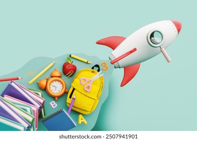 Rocket with backpack and school accessories on blue background. Back to school concept design. 3D Rendering, 3D Illustration