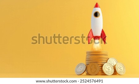 Rocket blasting from a stack of coins, symbolizing business expansion, 3D illustration