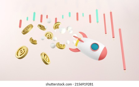 Rocket with cryptocurrency crash.3D rendering
