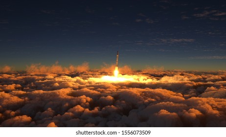 Rocket flies through the clouds on sunset 3d illustration