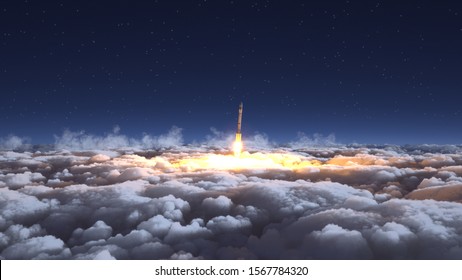 Rocket flies through the clouds on moonlight 3d illustration