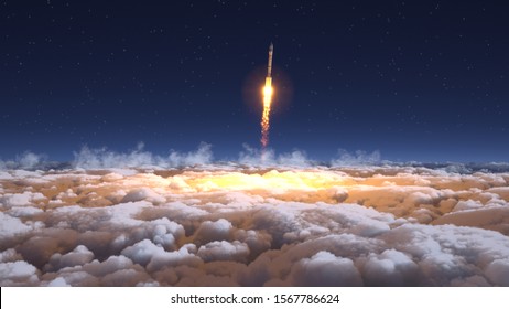 Rocket flies through the clouds on moonlight 3d illustration