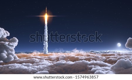 Rocket flies through the clouds on moonlight 3d illustration