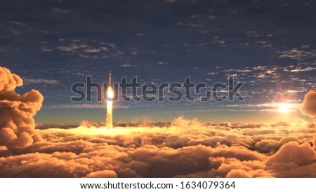 Rocket flies through the clouds at sunset 3d illustration