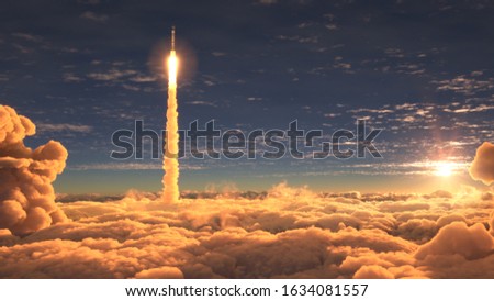 Rocket flies through the clouds at sunset 3d illustration