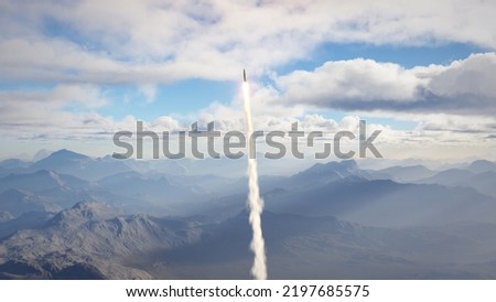 Rocket fly on mountains background 3d illustration
