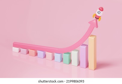 Rocket Flying Along Exponential Bar Graph Trend, Rapid Business Growth After Changing Strategy Or Transformation Concept, 3d Render Illustration.