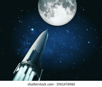 Rocket Flying To The Moon. Space Tourism. Vintage Style Poster. 
3d Rendering Illustration. 
Elements Of This Image Furnished By NASA