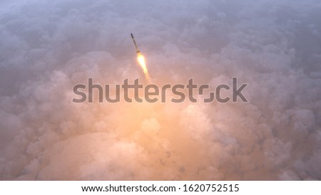 Rocket flying over clouds 3d illustration