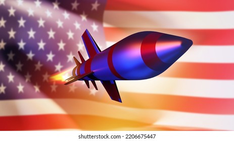 Rocket In Front Of American Flag. Air Defense Missile USA . Ballistic Missile Takes Off. Intercontinental Rocket In Front Of USA Flag. Missile Weapons. USA Air Force Path Concept. 3d Image.