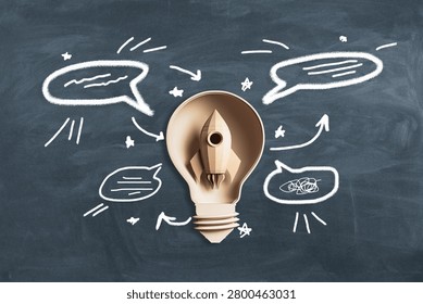 Rocket inside lightbulb shown as illustration on chalkboard background, concept of startup growth and idea launch, 3D Rendering