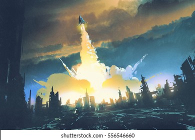 запуск ракеты взлететь из заброшенного города, научно-фантастическая концепция, иллюстрационная живопись