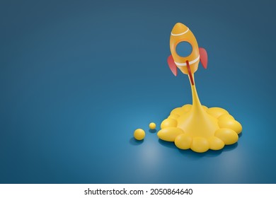 Rocket launch, Yellow Cartoon space ship on blue background, Startup concept , 3D rendering.
