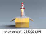 Rocket Launching from Box, New Business Startup. 3D illustration