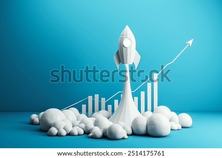 A rocket launching with clouds and a rising graph in the background. 3D rendering symbolizing business growth and success
