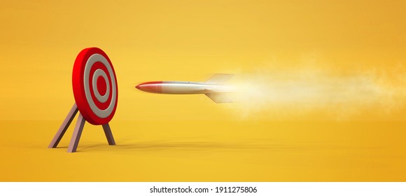 Rocket Missle To A Red Target .  Target Audience Concept . Powerful Merketing Strategy . This Is A 3d Render Illustration .