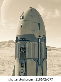 Rocket On The Desert Sand Close Up View, 3d Illustration