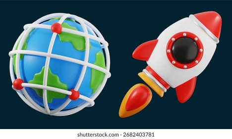 Rocket preparing for launch beside a network-connected globe on a dark background