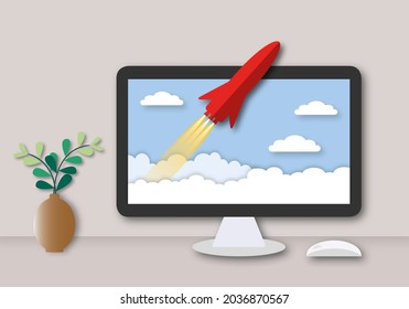 Rocket Red Launch Computer Screen Metaphor Stock Illustration ...