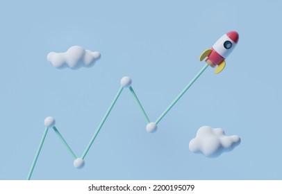 Rocket Soaring High With Rising Graph, Stock Market Price Skyrocket, Positive Sign Of Investment Concept, 3d Render Illustration.