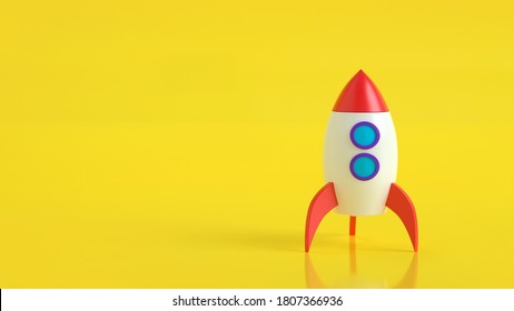 Rocket or spaceship on a yellow background. Rocket projectile of red, white color with blue purple portholes. Start up and Minimal business concept. 3d rendering