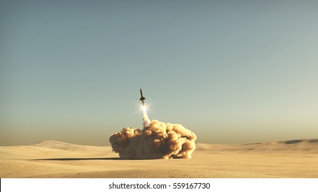 rocket start from desert 3d illustration