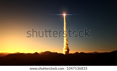 rocket start on sunset 3d illustration