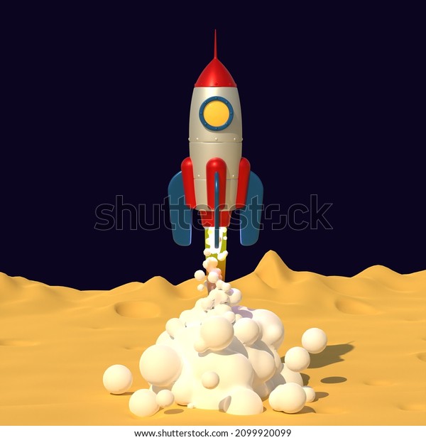 Rocket\
takes off with jet smoke from Moon planet surface. Toy rocket\
launching into space. 3d illustration. 3d\
render.