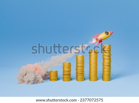 rocket taking off over ascending coin stacks with a trail of smoke and fire on a blue studio background. 3d rendering
