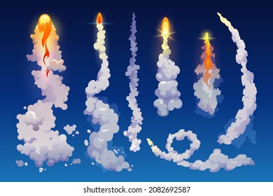 Rocket trail fire smoke isolated on blue. realistic spacecraft startup launch elements. Jet firing flames, airplane shuttle contrails, plane jets track and aircraft aviation fly spaceship steam