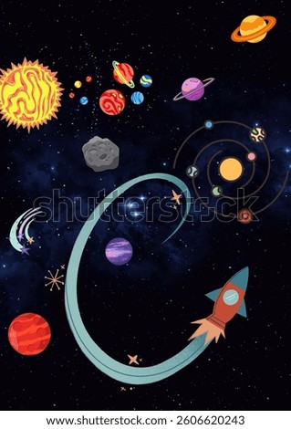 A rocket trails through space with planets, Sun, asteroid, and stars in a vibrant cosmic scene.