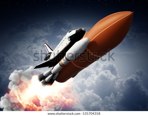 スペースシャトルを搭載したロケット弾が打ち上げられる 3dイラスト のイラスト素材