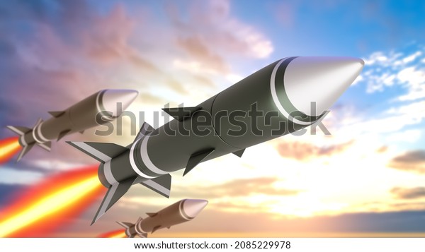 Rockets are flying in sky. Three cruise missiles\
in clouds. Rocket attack from air. Anti-aircraft missiles concept.\
Air defense missiles to intercept planes. Nuclear attack metaphor.\
3d image.