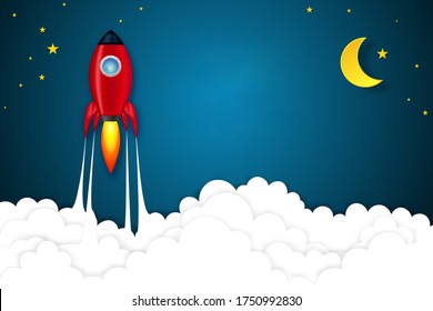 Rockets launch on the clouds in night sky as paper art, craft style and business Startup project concept. flat design illustration.
