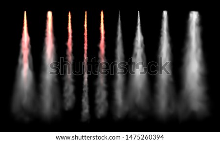 Rockets tracks. Space rocket launch smoke, plane jets track and aircraft smoke cloud. Aviation jet fly or spaceship sky air tracks steam. 3D realistic isolated sign set