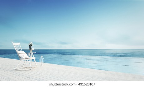 Rocking Chair - Sundeck on Sea view for 
vacation and summer / 3d render outdoor living 